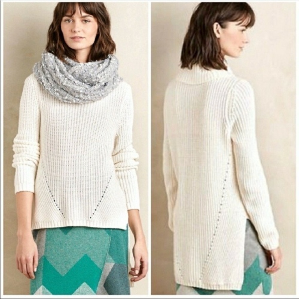 Anthro Moth High Low Wool Cream Cowl Neck Sweater